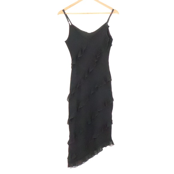 Y2K Black Ruffle Asymmetrical Midi Slip Dress NYE LBD Party Vintage Size M‎ - Picture 4 of 7